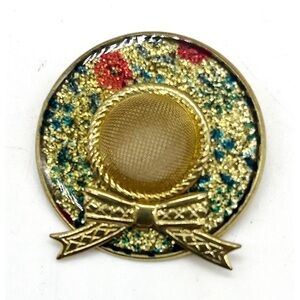 Vintage 1980's Retro Colorful Glitter Mesh Bow Hat Brooch / Pin Gold Tone